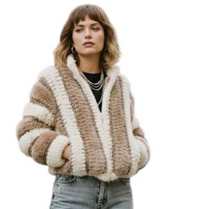 NORMA Vintage 1980s Hand Knit Shag Pom Crochet Sweater Bomber Jacket Zip Pockets